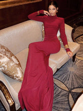 European & American Style Women's High Neck Long Sleeve Padded Shoulder Ruched Mermaid Hem Dress, Party Gown